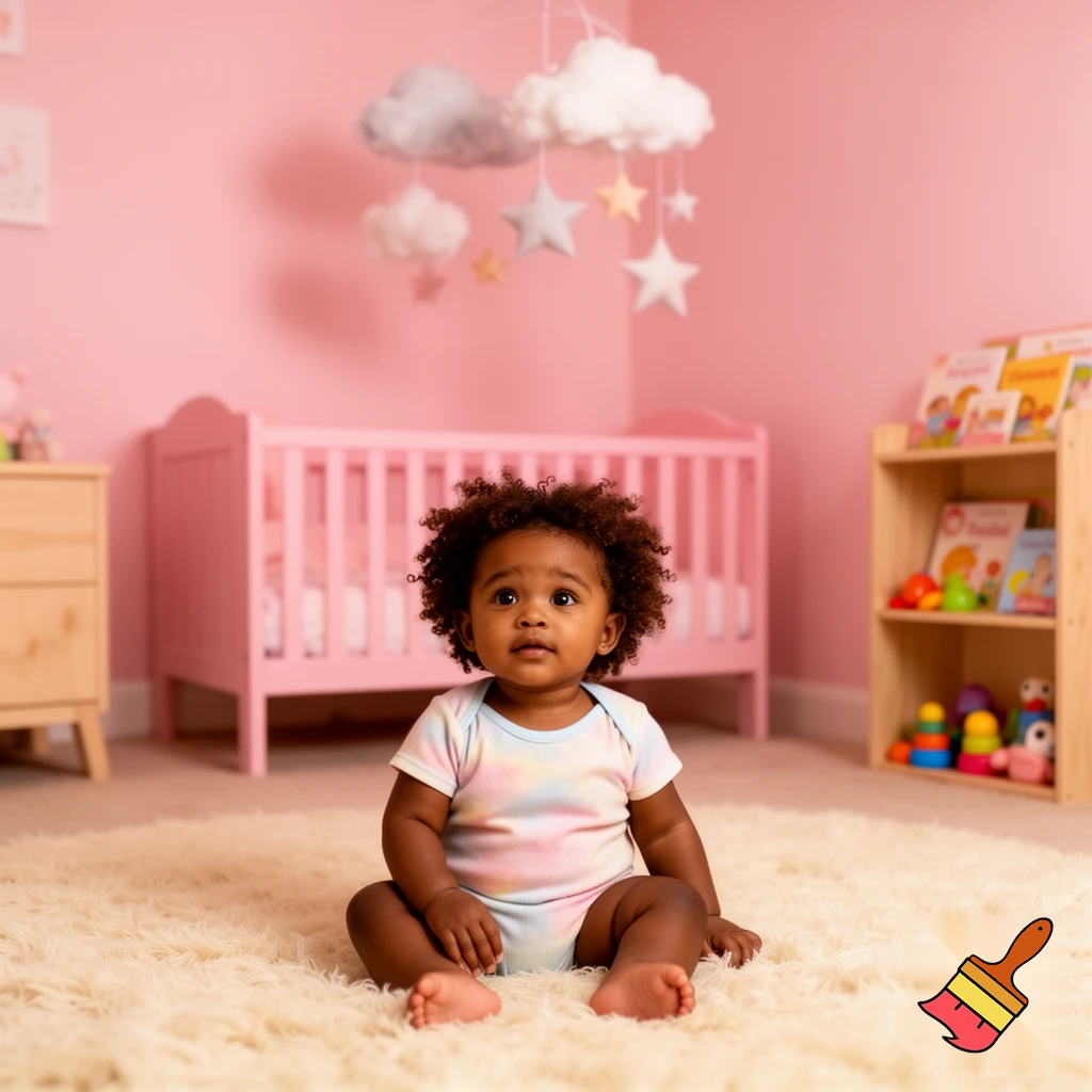 create a one year old black girl with dark brown curly hair in a pink baby room 