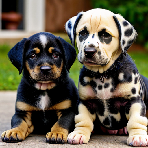 Dalmatian Puppy beside Rottweiler Puppy with flowers 