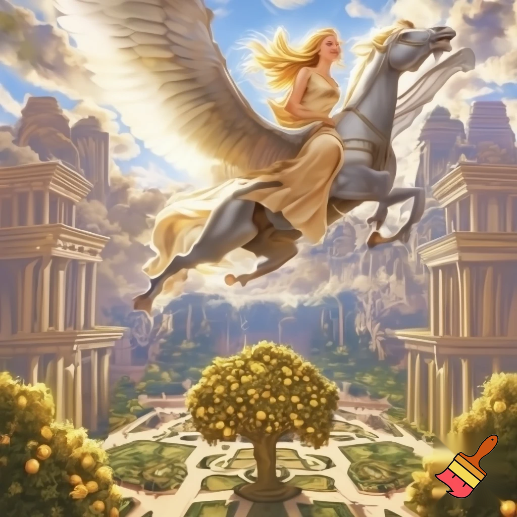 Can you make a blonde woman wearing ancient Greek clothes ride on Pegasus over a courtyard-styled garden with a tree in the middle of it that has golden apples and the palaces of the twelve Olympians that look massive and ornate and are styled like ancient Greek temples, twelve massive ancient Greek temples? And make the woman look like she's enjoying riding on Pegasus so she's smiling