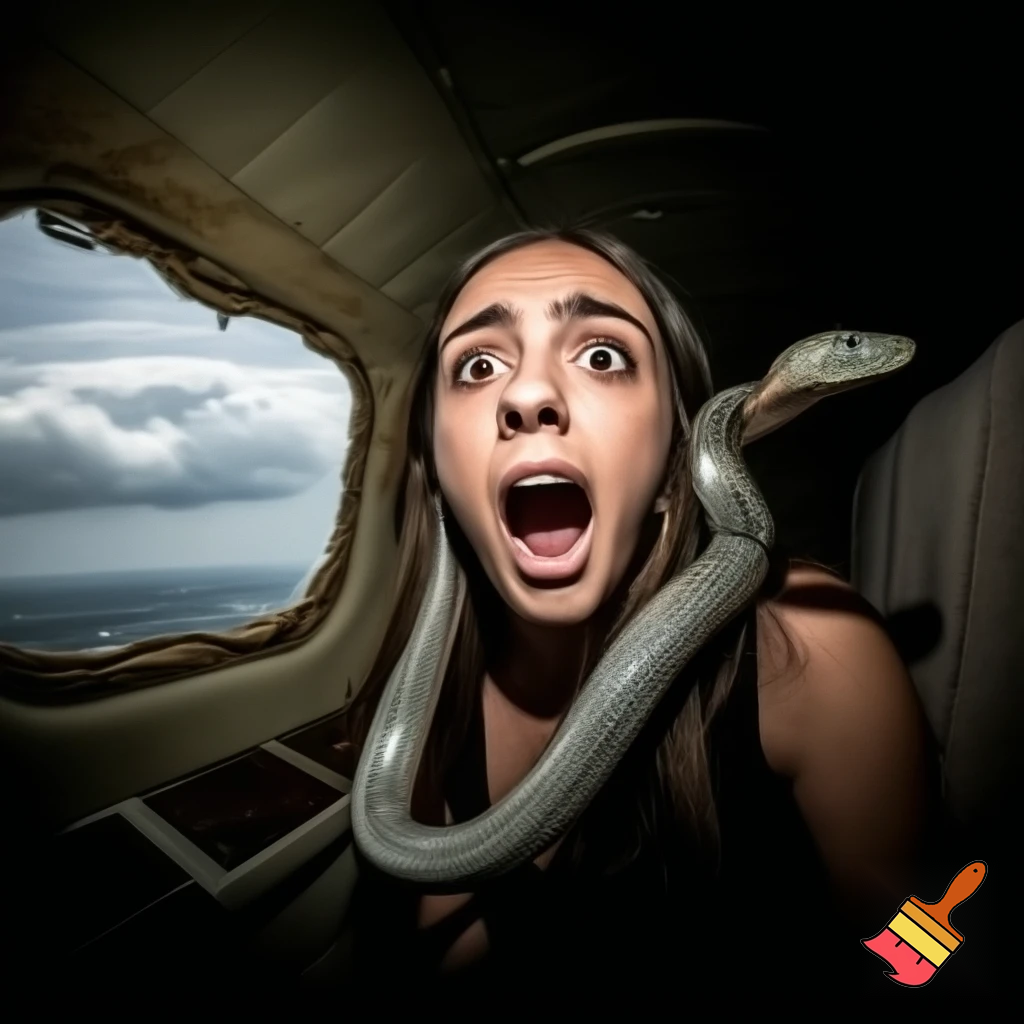 a woman was  asking  some one foods or drink but the snake is on her head the woman scramed in the plane