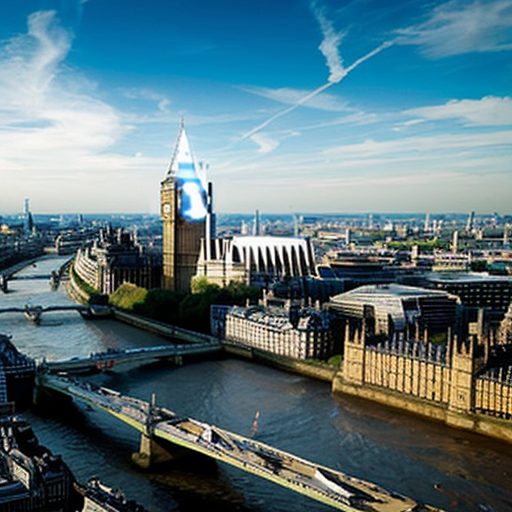 Aerial view of British and English city of London with Palace of Westminster, Big Ben, River Thames, sci-fi futuristic buildings, sci-fi futuristic skyscrapers and blue sky in 2625.
