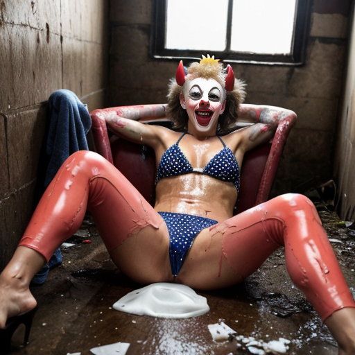 a grotesquely vibrant basement party frozen in mid-decay—sticky floors littered with shattered liquor bottles, crumpled beer cans, and smeared makeup. Under flickering red bulbs, three ancient women in sagging floral bikinis lurch across the room, their wrinkled bodies glistening with sweat under 1950s rubber Halloween masks—one a leering devil, another a weeping clown, the third a grinning cat with peeling paint. A toppled statue of Satan lies cracked near a puddle of vomit, its horns snapped off and cradled by a passed-out clown in smeared greasepaint, his polka-dot pants soaked in cheap whiskey. The walls drip with something that isn’t water, and in the corner, a half-eaten birthday cake swarms with flies, the frosting spelling out "HELP" in shaky cursive