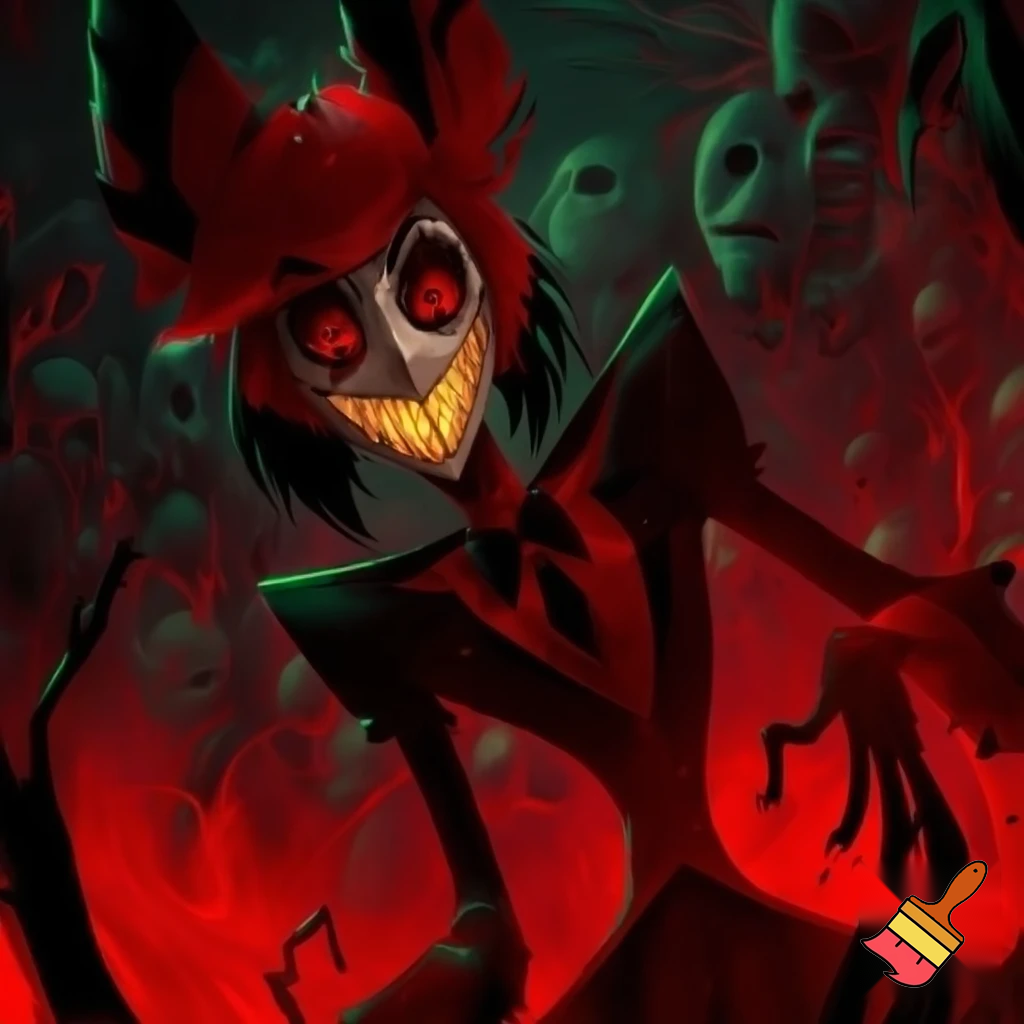 Give me a there for alastor that is creepy and spooky as possiblee with blood