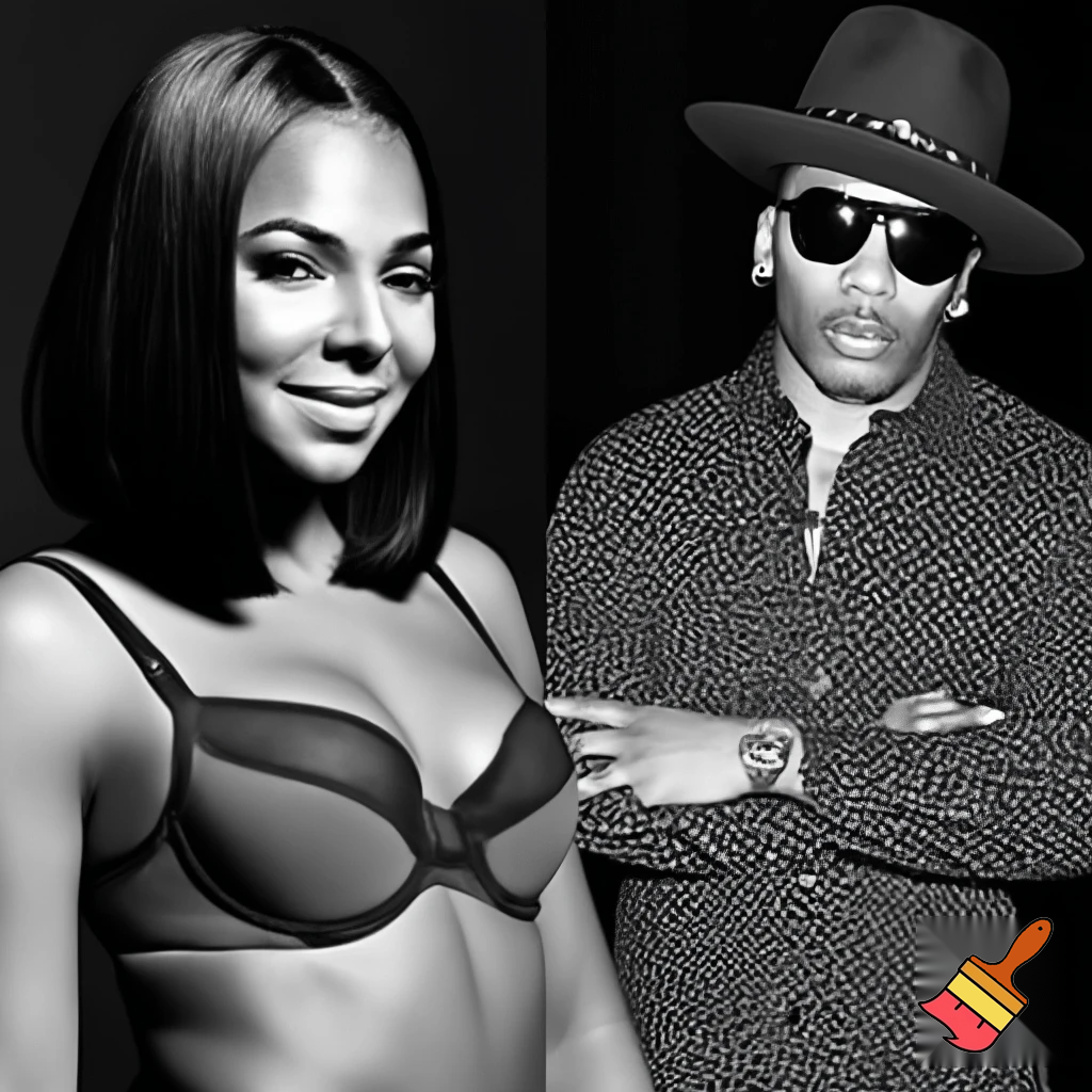 Black and white vogue photograph of Ashanti with a black sleek middle part bob hair wearing a grey and black bra and Nelly wearing a hat and a button up shirt 