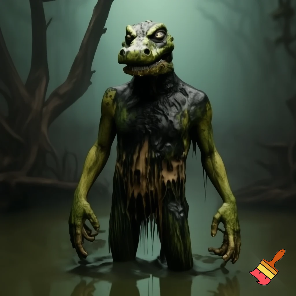 A grotesque, rotting, anthromorphic crocodile creature standing upright, its body covered entirely in black goo, melting, and dripping like sludge, exposing its bones. The skin is swampy green, black, and sickly brown, with patches of rot and ooze and entirely made out of gunk. Eyes bulging in horror, jaw hanging loosely, teeth crooked and partially dissolved and has a deformed smile. The creature’s limbs stretch out as goo drips from its claws exposing its skeletal fingers. It's appearance, also zombie-like and deformed. Surround it with an eerie, fog-filled swamp: twisted dead trees, murky water, dim green-gray light, and a haunting atmosphere. Highly detailed, creepy, and surreal. 