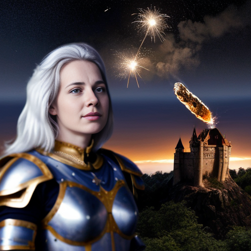 young white-haired woman in armor watches as meteorites fall on her castle
