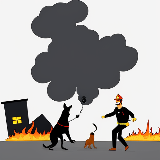 a super hero saving a dog from a bomb explotion. show a destroyed city in the baground up in flames 
