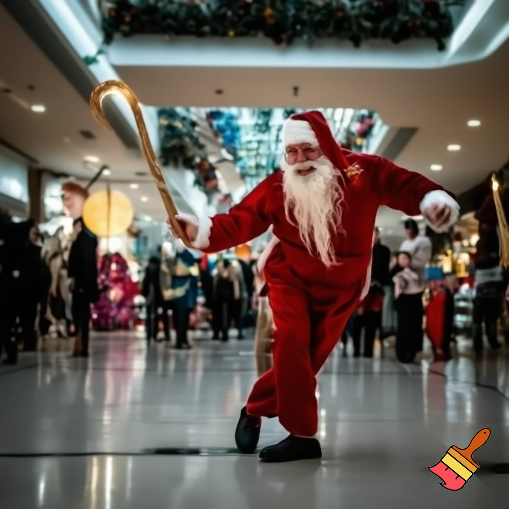 Santa Claus dancing shopping Centre walking Australian magic walking stick