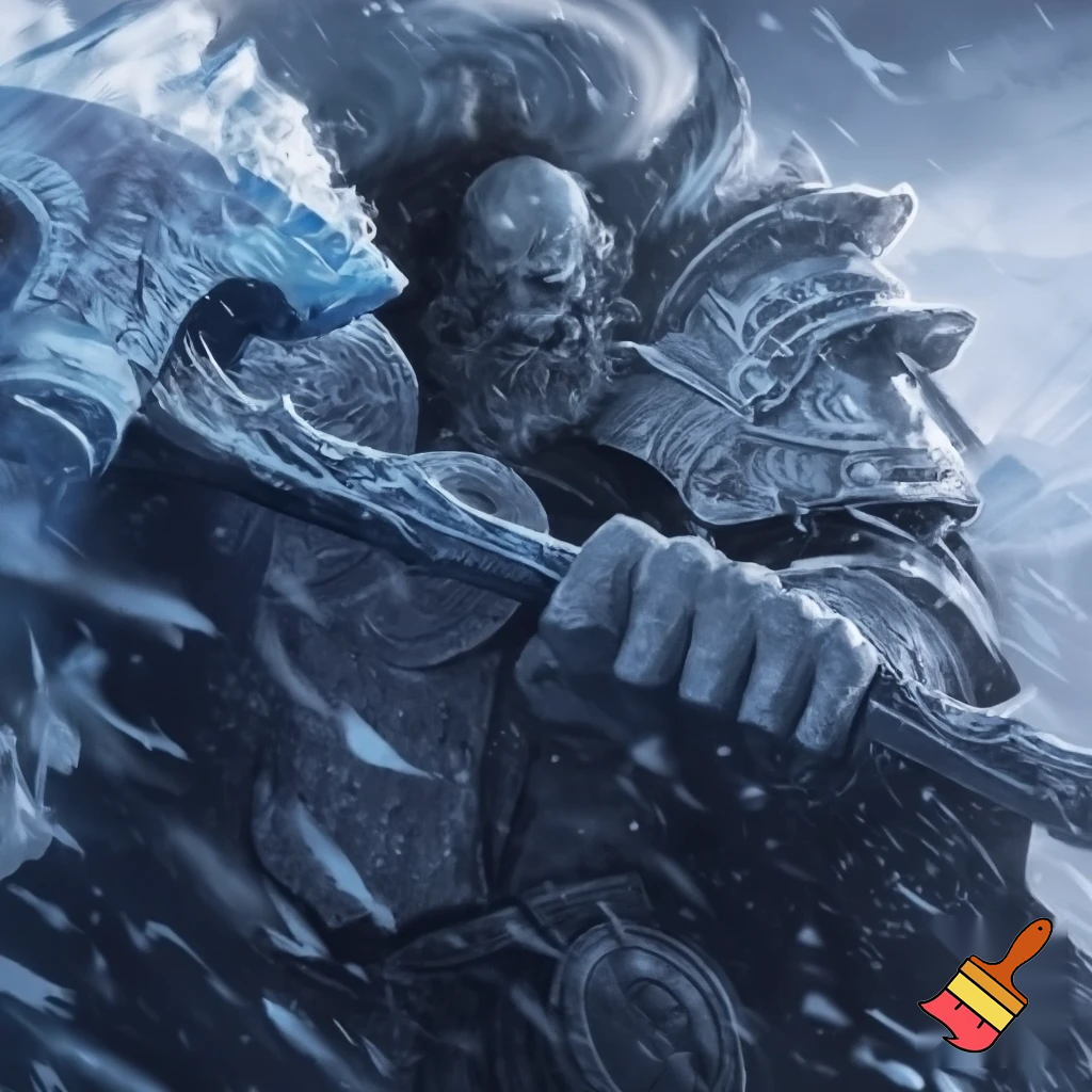 Draw a mythical warrior called Jatorr ice hammer 