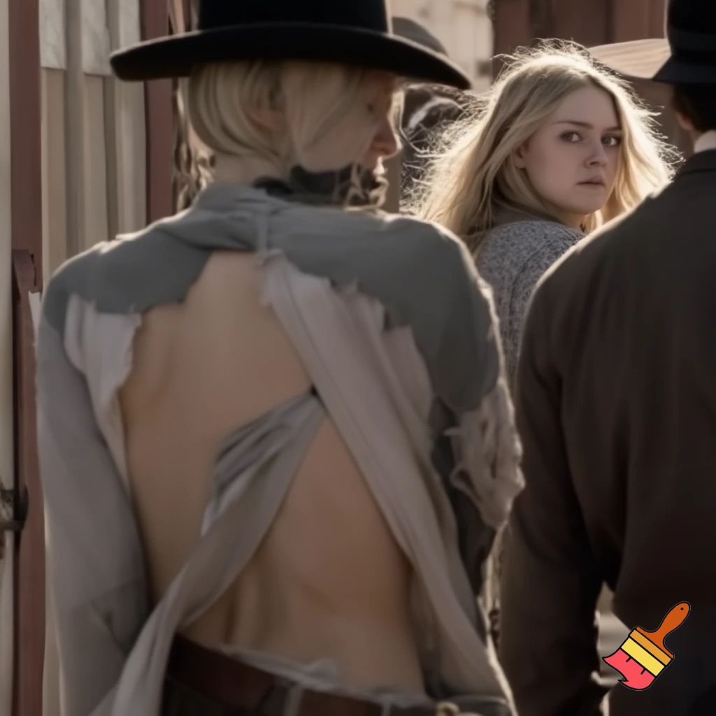 Dakota Fanning, various poses, torn clothes, wild west street scene, close up shot, breast exposed, walking away looking over her shoulder 