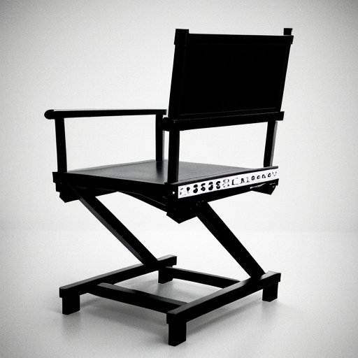Director cinema's chair inspired in the german expressionism architecture, exagerated forms, surreal  and deformed lines. Dark tone. The chair must be a building, transformed as a building
