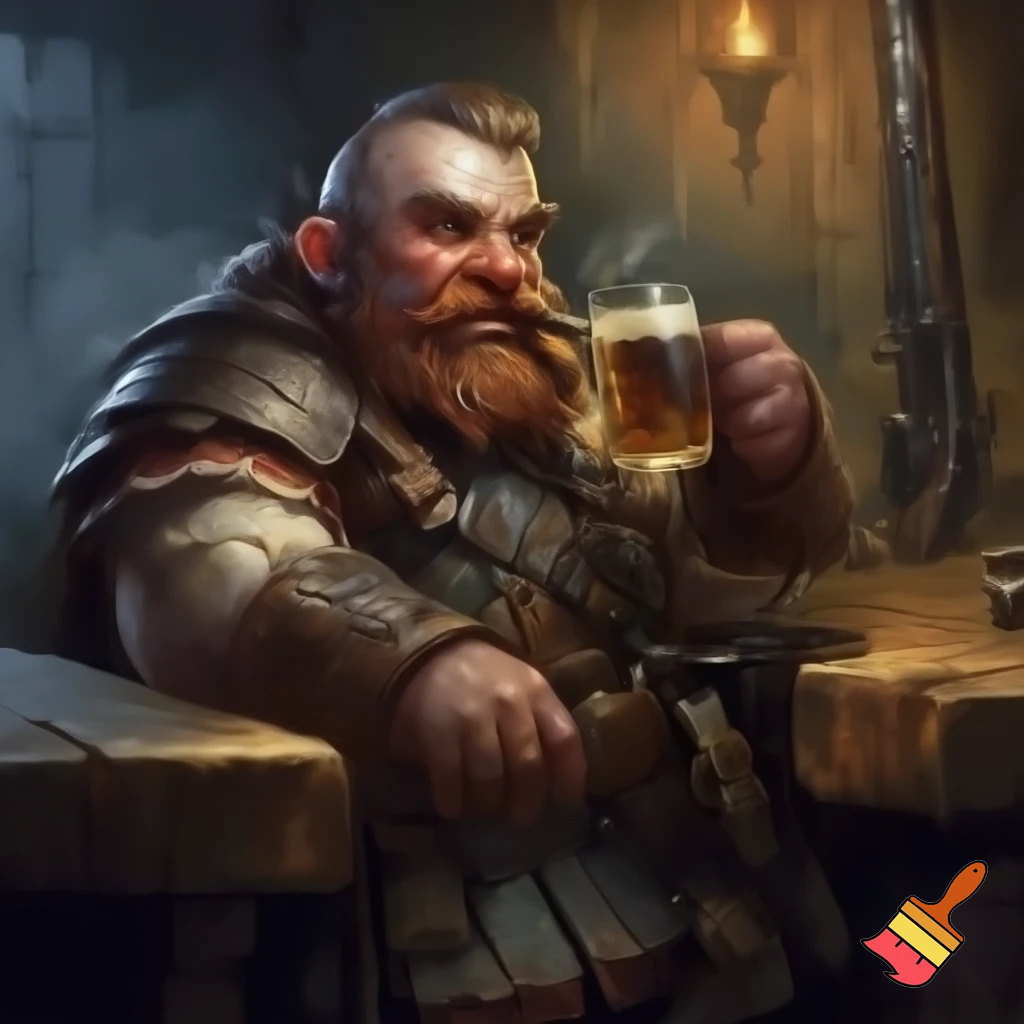 short far dwarf. gunslinger. cigar. sitting at the counter on chair in tavern and sipping a pint. bald. red beard. rough atmosphere. kilt. musket on the table. rugged leather armor. angry. harsh drawn style