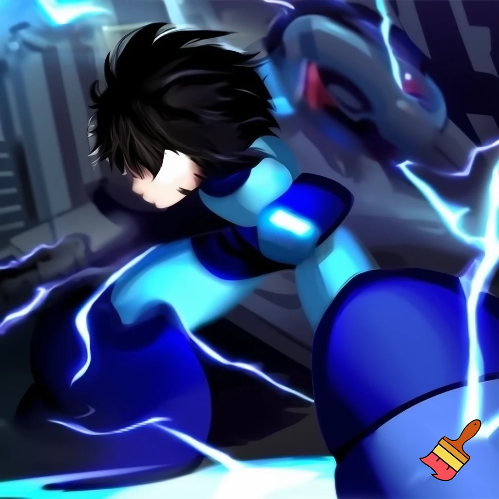 Mega man striking a pose but without his helmet. Instead mega mans head has dark black hair on top. 