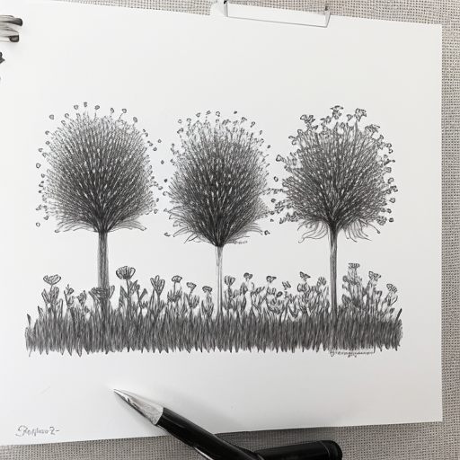 A sketch of multiple wildflowers  in a row. Black and white, simple and hand drawn