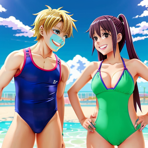 A cheerful 12-year-old teenage sister wears the same boys' swimsuit as her equally cheerful and amused 13-year-old teenage brother, and they both play in it together.