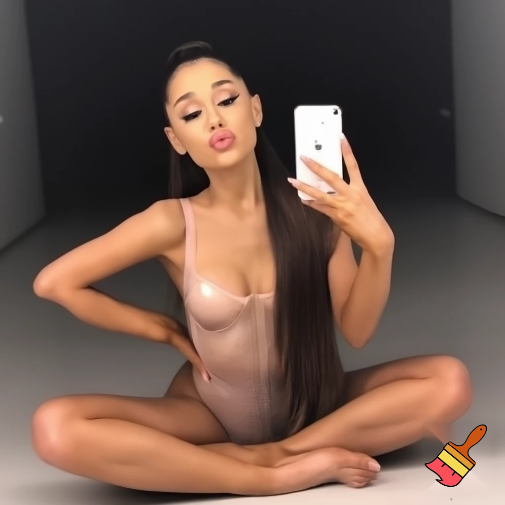 ariana grande wearing a transparent bodysuit holding her phone in the floor selfie ,sexy hot bunny ,her legs are open 