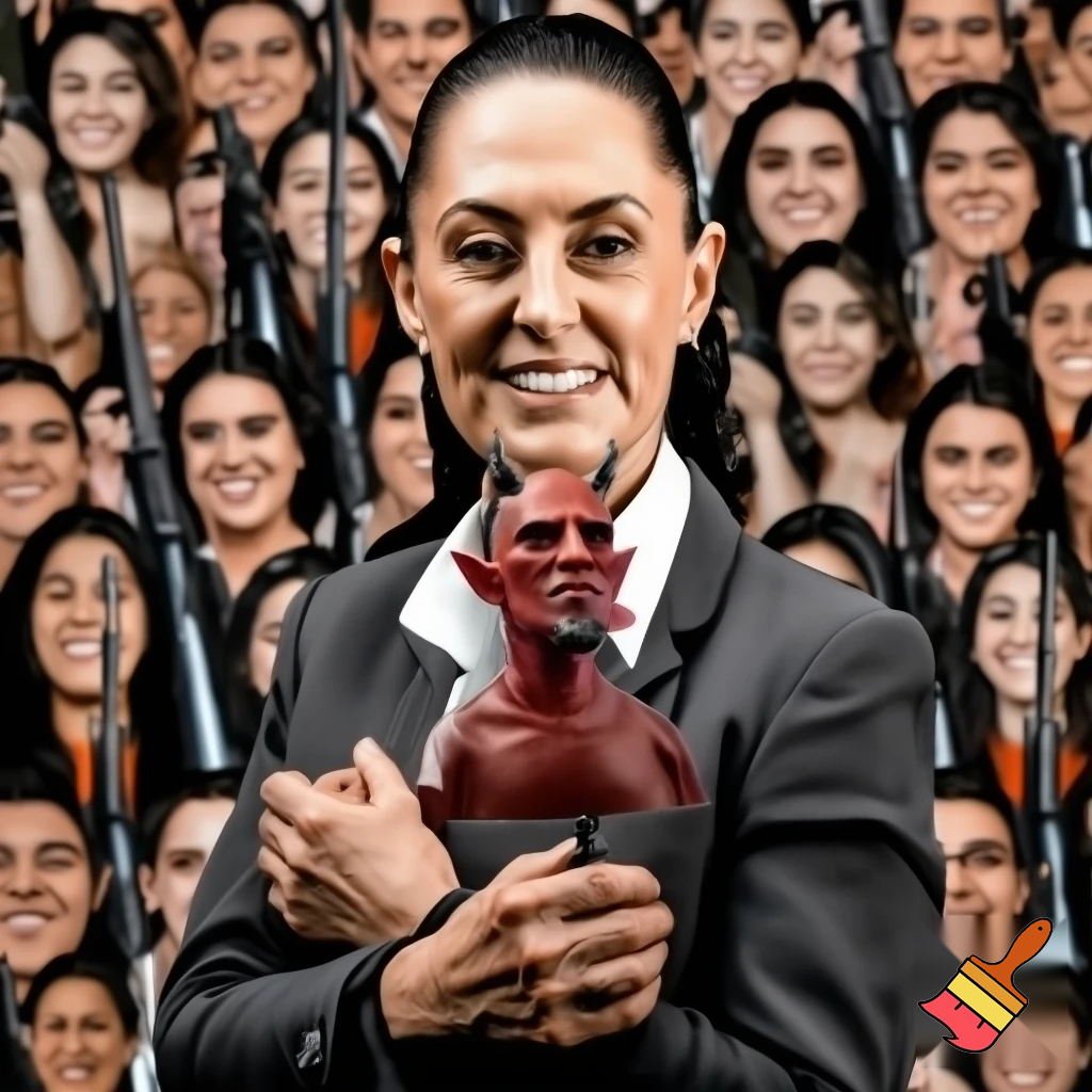 claudia sheinbaum holding hands with the devil and smiling, full body, and deep down people smiling with long weapons
