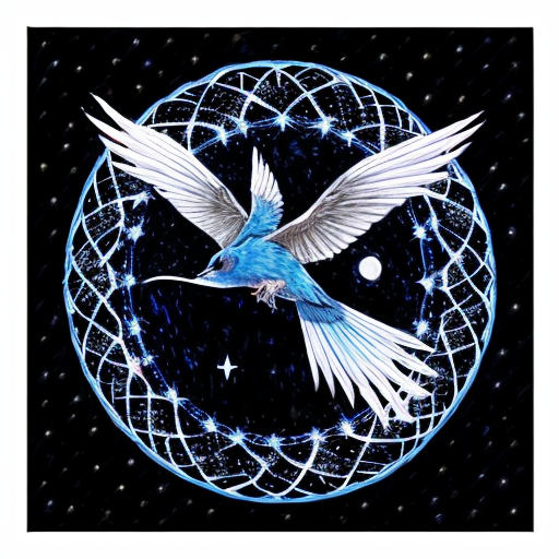 a magical spirit blue bird phoenix glowing and slightly transparent like smoke with a black starry night sky  