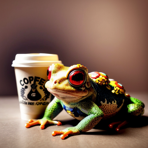A hillarious, funny boho toad with some hippie colored coffee cups. Psychedelic decorated background.