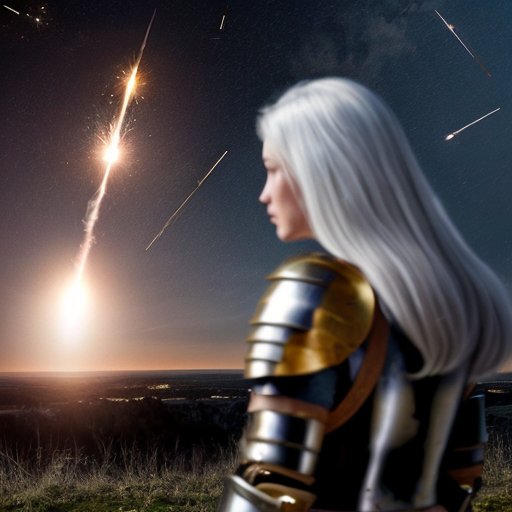 young white-haired woman in armor watches as meteorites fall on her castle