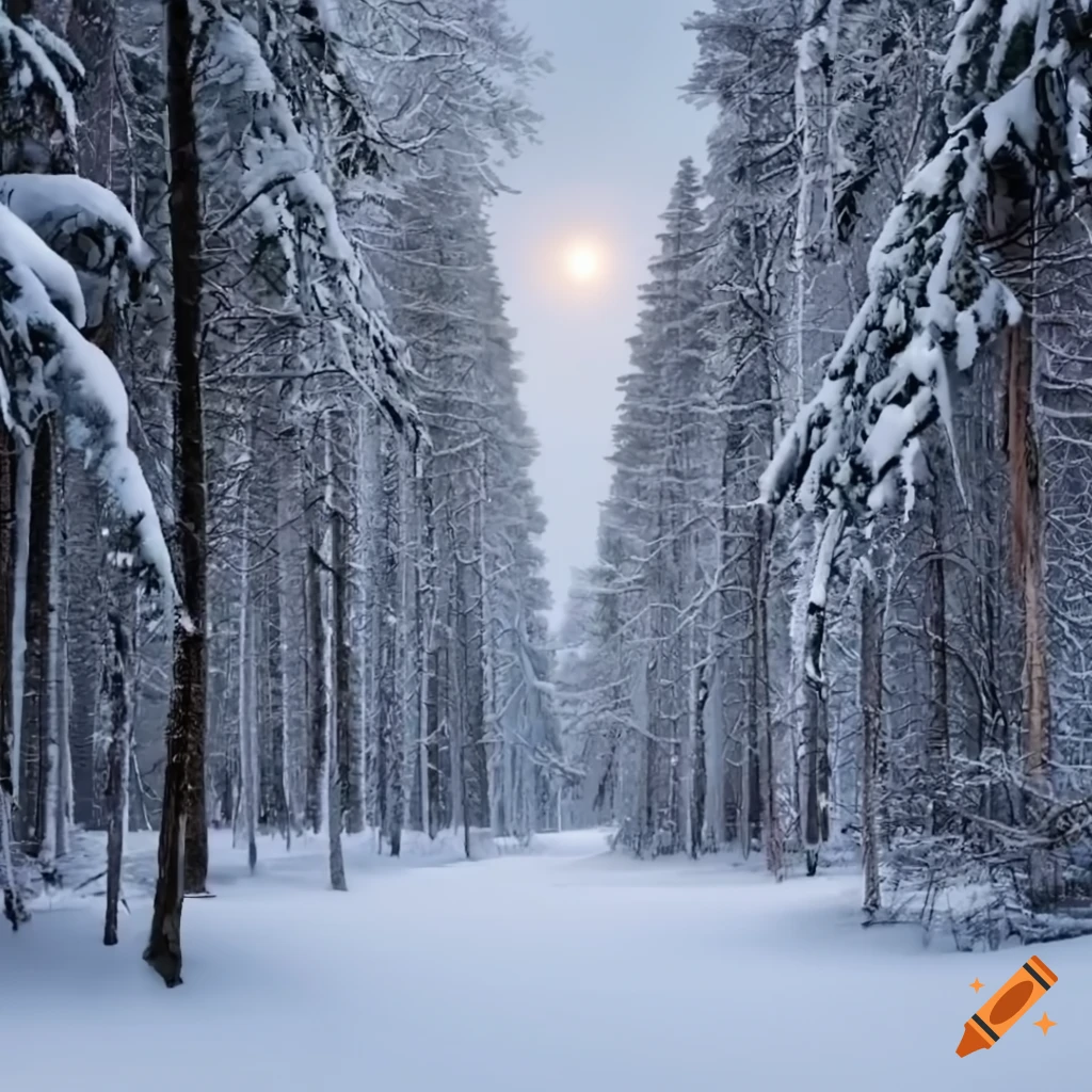 snowy winter forest with tall pine trees in anime style