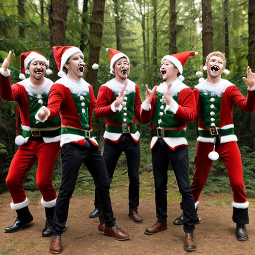 Create five male elves singing and dancing in the middle of the forest, who are not Christmas-themed and have more realistic and well-shaped faces.