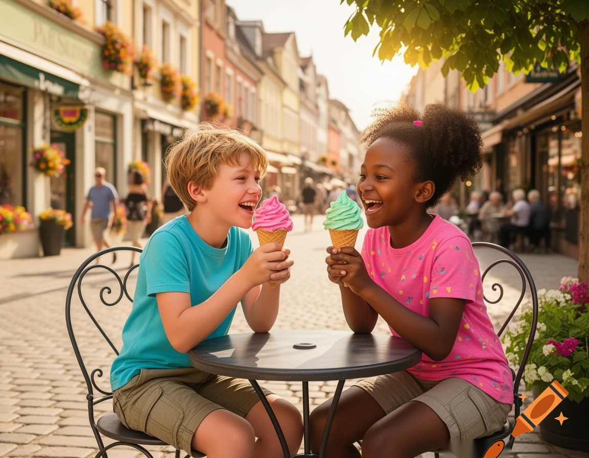 A wholesome scene suitable for children. A ten year old couple having fun on their first date. They are enjoying ice cream together. He is white and she is black. 
