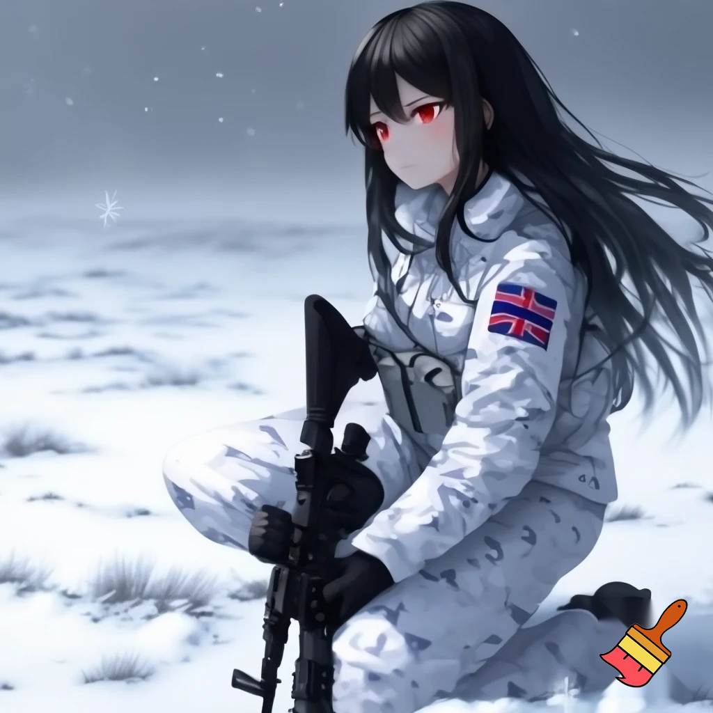 realistic colours, zoomed out veiw. large eyes looking to the left behind the camera, long black hair, red eyes, 19 years old girl. wearing white military camo clothing, jacket and pants  with british sas flag on the sleeve, kneeling in snow, holding a rifle. anime stye 