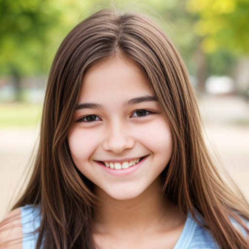 Fille qui sourit nue de 14 ans mince et grande avec des seins moyen et de couleur de peau bronzée et brune avec des cheveux longs et bruns 