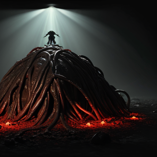 Photorealistic horror scene, cinematic masterpiece, 8k ultra-detailed photograph. A massive grotesque hanging structure dominates the frame: a giant inverted demonic skull fused with bloody, dripping organic flesh and viscera, suspended from a thick, twisted, fleshy organic chain or tentacle that disappears into the dark foggy sky above. The skull has glowing red eyes, sharp teeth, and is covered in raw muscle tissue and sinew. Thick streams of realistic blood and gore drip heavily from the entire structure. Below it, a large altar-like mound covered in flowing, draped, wet red organic tissue resembling flesh and fabric mixed together. The ground is completely covered in a chaotic sea of writhing, intertwined bloody tentacles, veins, raw flesh, and piles of human skulls and corpses. Dense blood-red fog and mist in the air. Two small glowing red lights visible in the distant background. Dark, hellish atmosphere with strong red lighting casting dramatic shadows and highlights on the wet, glistening surfaces. Hyper-realistic textures on blood, flesh, bone, and organic materials, sharp focus, volumetric god rays, gritty disturbing mood, photorealistic, national geographic level realism, no censorship