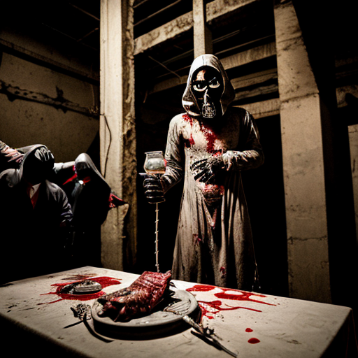 a grotesquely surreal tableau—an abandoned slaughterhouse repurposed into a deranged satanic banquet hall, where the concrete floor is slick with blood and strewn with rotting trash, discarded meat hooks dangling from rusted chains overhead. A skeletal priest in tattered vestments presides over a macabre feast, his hollow eyes glowing red as he raises a goblet filled with thick, black ichor, while around him, mutated revelers in tuxedos and gore-smeared evening gowns tear into human limbs arranged on silver platters like fine cuisine. Hazmat-suited figures loom in the shadows, their gas masks reflecting the flickering candlelight from upside-down crucifixes, their gloved hands clutching syringes dripping an unknown fluid. The walls pulse with fleshy, veined growths, and in the far corner, a still-twitching pile of flayed bodies writhes in unholy communion, their mouths sewn shut with barbed wire—a masterpiece of visceral body horror where decay and decadence collide.