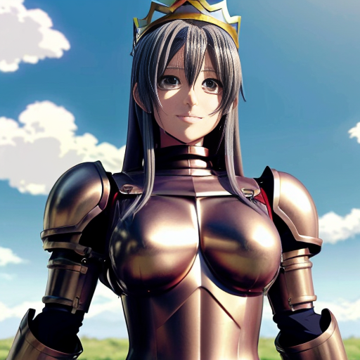 ((anime style, print screen of an anime scene)) cute anime girl, huge muscles, she is a knight, she wears metal gauntlets, metal greaves and shoulder pads, she has a breastplate, her defined abs are exposed as well her upper arms, she has a tiara that has crown features
