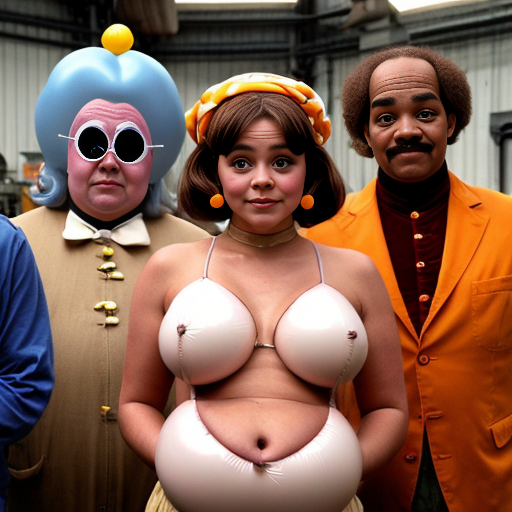 Vanessa Hudgens long hair depicted as a spherical shape inflated like a balloon, she is a round oval naked body boobs belly body overinflated Her facial expression is neutral, almost impassive. Her body is exaggeratedly rounded, forming a sphere, with no visible definition of limbs. ackground the Rusty Goffe and Marcus Powell Oompa Loompas from Willy Wonka's Chocolate Factory willy wonka characters real life real persons face Oompa Loompas, white eyebrows, colored skin, orange skin, blue eyes in out fits oompa loompas are standing around he