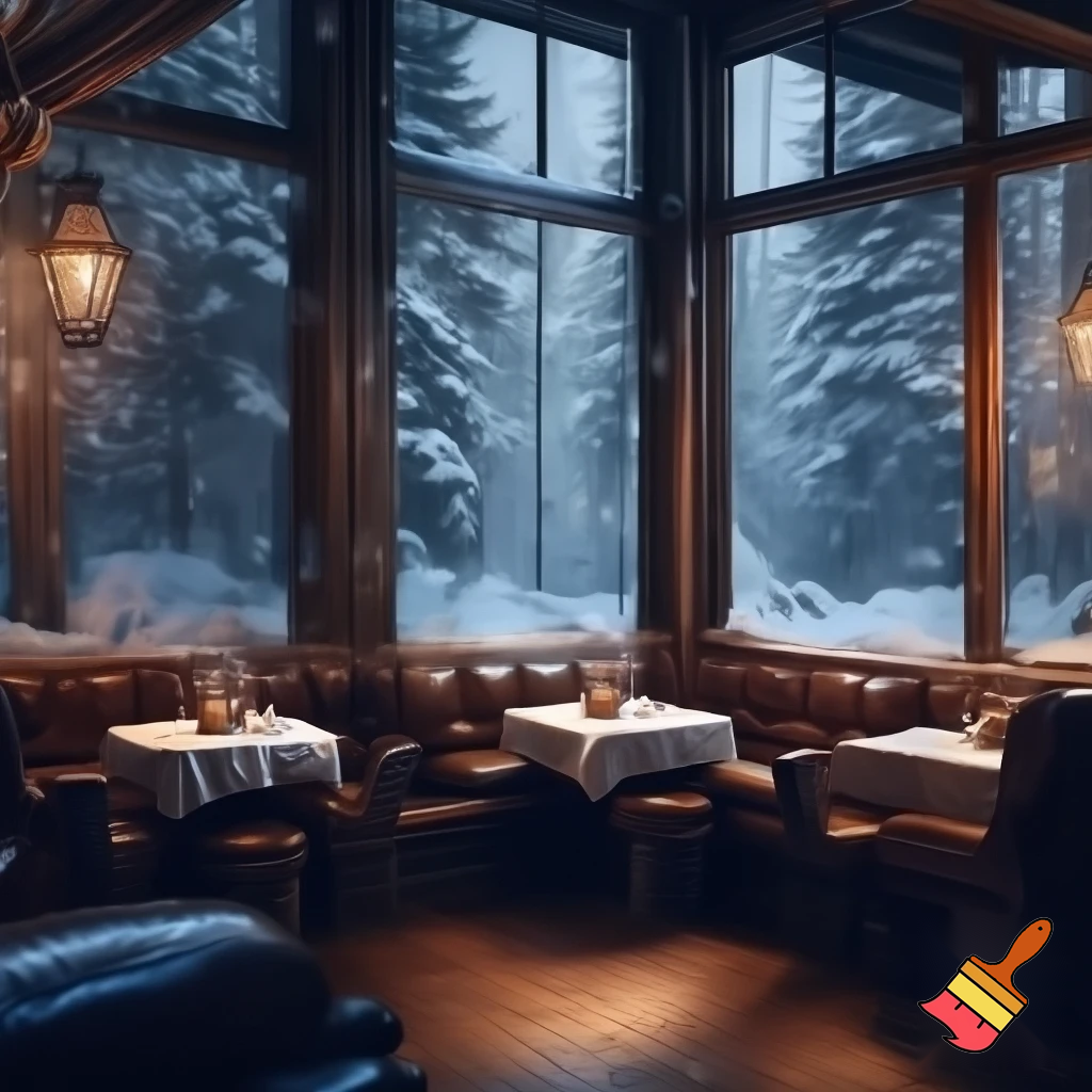Generate a picture of a cozy fancy Steakhouse, in a neighbourhood forest in the winter with a nice and cozy interior shown by the wooden framed windows.