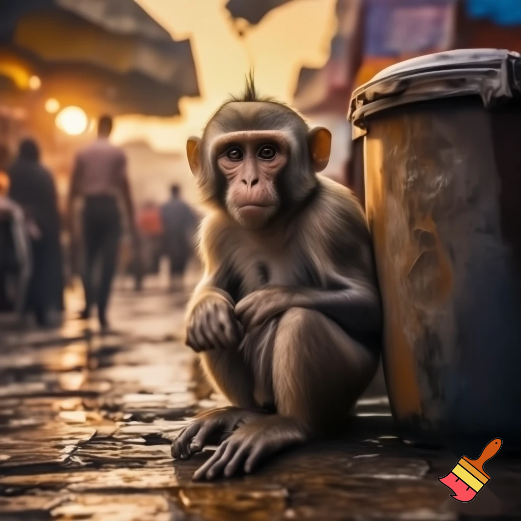 A thin, sad little monkey sitting beside a garbage bin in a small Indian market street at sunset, slightly wet ground after rain, people walking in the background ignoring him, cinematic lighting, emotional atmosphere, realistic art style.