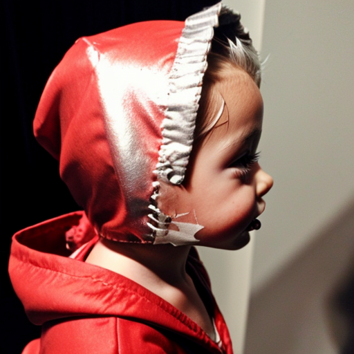 cute red riding hood, cinema, realistic, ultrarealistic, sideview, silver hair, strong makeup, kinderg