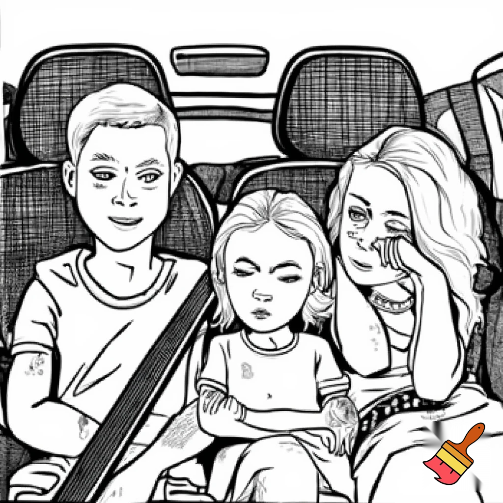 Draw a family 4 a dad with tattoos 7 year old sister 13 year old brother and the mum has tired under eyes in a car

