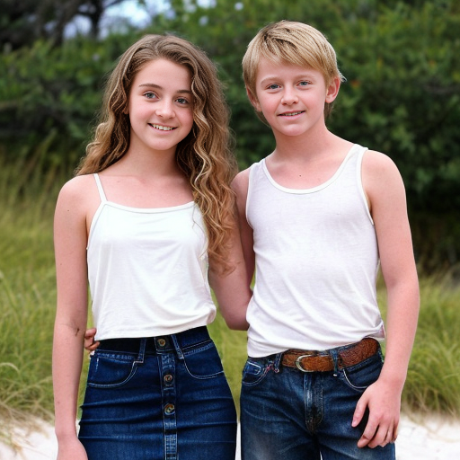A girl who is 16 with brunette hair with lighter highlights and she has beach curls .she also has brown eyes  She is wearing a white mini dress with thin straps. There is her brother a 14 year old boy the same height as her and he has curly brunett hair and brown eyes. He is wearing a white shirt and blue jeans. There is another girl who is 10 and she is wearing a pink tank top with a white mini skirt she also has blonde hair and blue eyes .she is shorter than both of the other people.They are all siblings. Also make it look like a realistic photo
