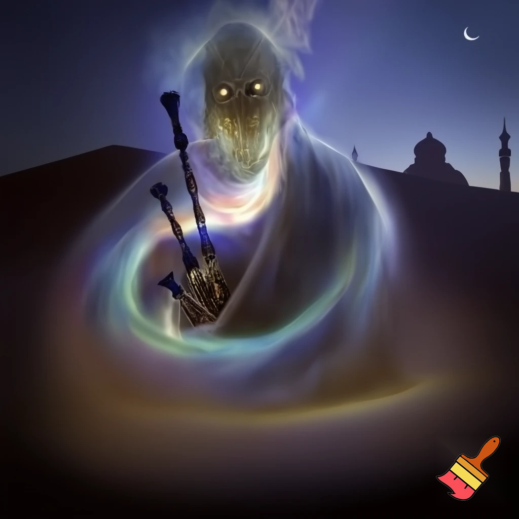 middle eastern djinn coming from bagpipes