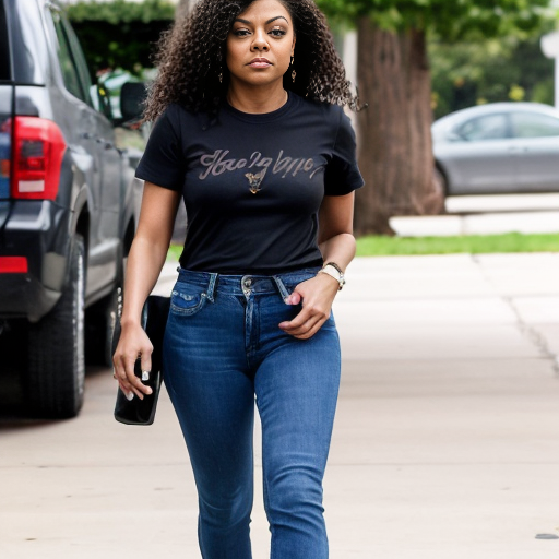 Taraji P. Henson long brown curly hair black t-shirt under t-shirt and blue jeans and black toes out shoes 
