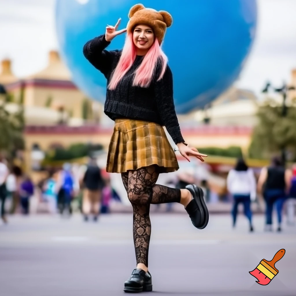 A young woman with long light pink hair, wearing a brown teddy bear hat, a black knitted sweater, a brown-yellow plaid pleated short skirt, black lace suspender stockings, and black platform loafers; standing in front of the iconic blue big ball of Universal Studios, standing on one leg with the other leg bent and lifted, making a peace sign with one hand and stretching the other hand. The background includes park buildings and pedestrians, with a lively, fashionable, and amusement park atmosphere.