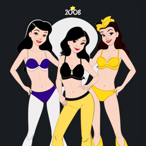 90's disney's 2d style black background and of tiana with dark green harem pants and bra and curved slippers conjoined by the belly of snow white with yellow harem pants and yellow bra and yellow curved slippers both gives a smile and winking their left eye 