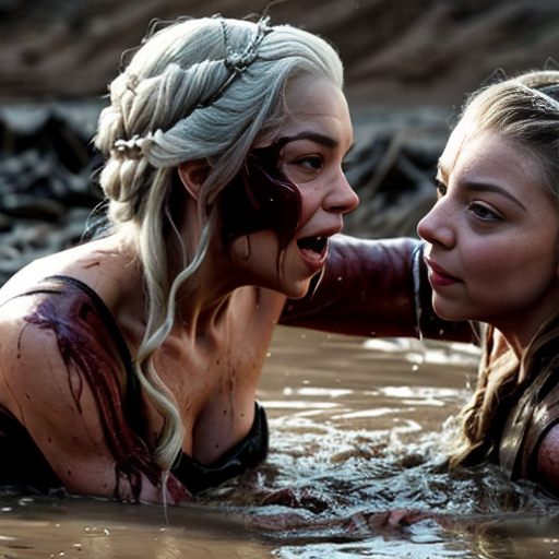 Daenerys Targaryen and Natalie Dormer wrestling in the mud , Natalie Dormer is under Daenerys and losing. Both are naked and all sweaty 
