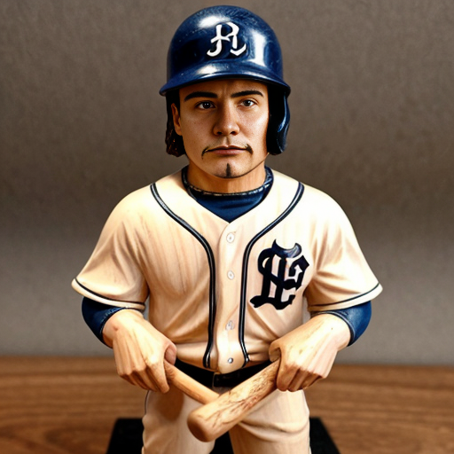 he is a smooth polished wood figure with a baseball bat and does not smile  