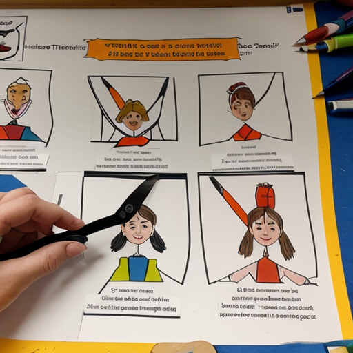 create school based Occupational Therapy team poster cartoon with 10 women and 1 man use scissors, glue, wheelchair,writing

