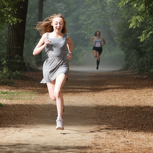 Dakota Fanning, young actress, her dress is torn, she is running through a wood, her breast is exposed, her sister Elle Fanning is running with her