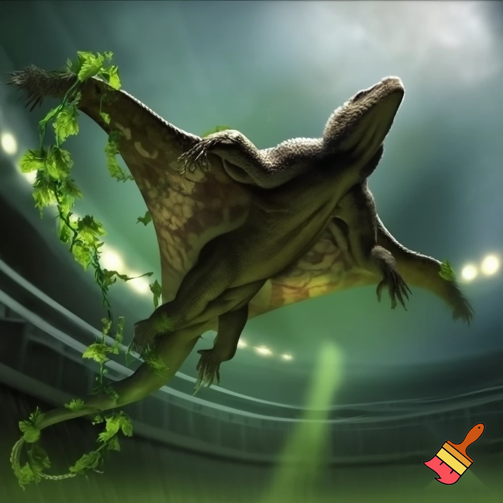 Half komodo Dragon half stingrays flying in a stadium with poison ivy