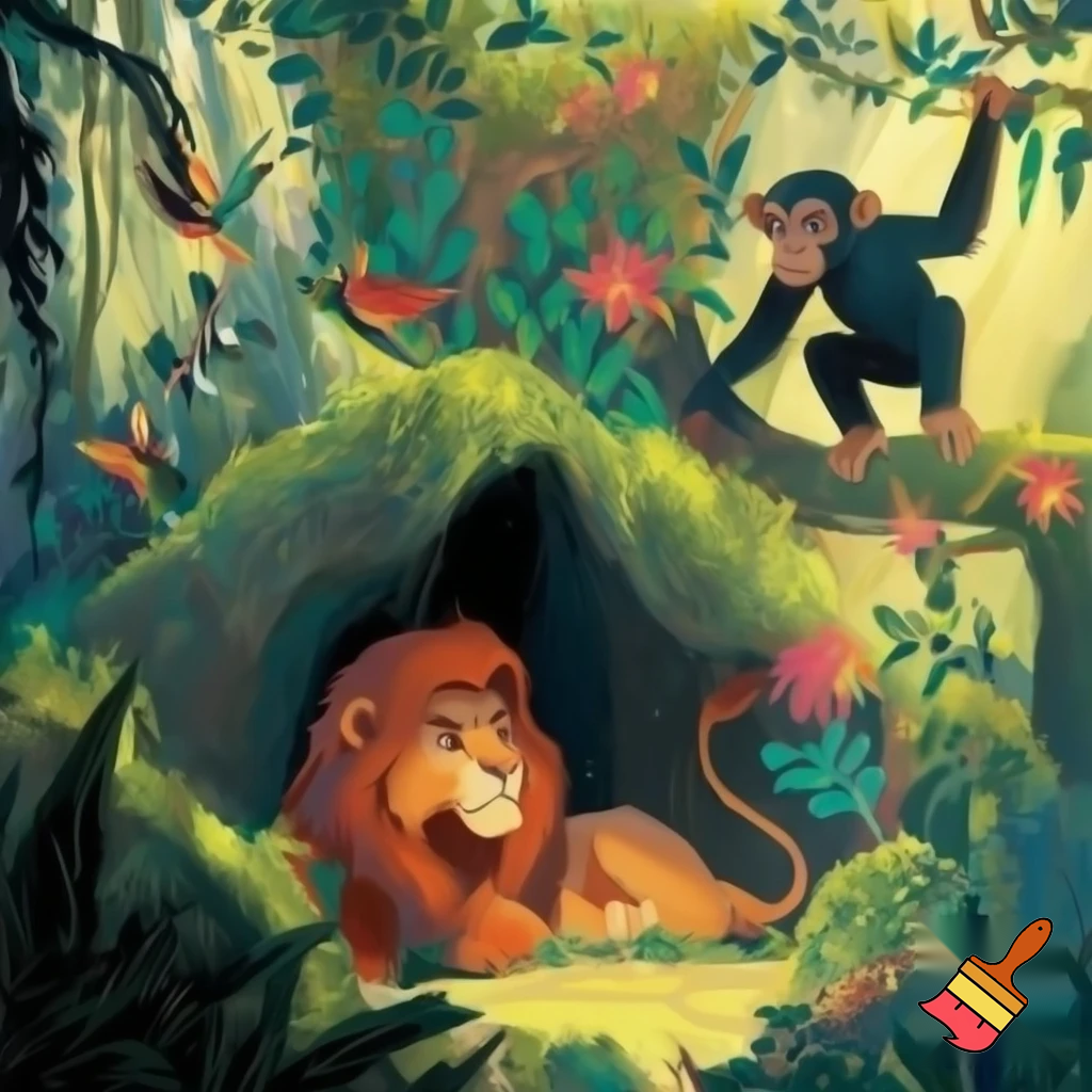 A peaceful jungle scene illustrated in a warm, storybook style. A proud lion named Charles rests calmly near the entrance of his cozy cave, while a curious chimpanzee named Parker climbs high in the trees, looking out as if dreaming of adventure. The sunlight filters softly through green leaves, colorful birds sing, and a gentle breeze moves the plants. The scene feels happy, calm, and full of life.”