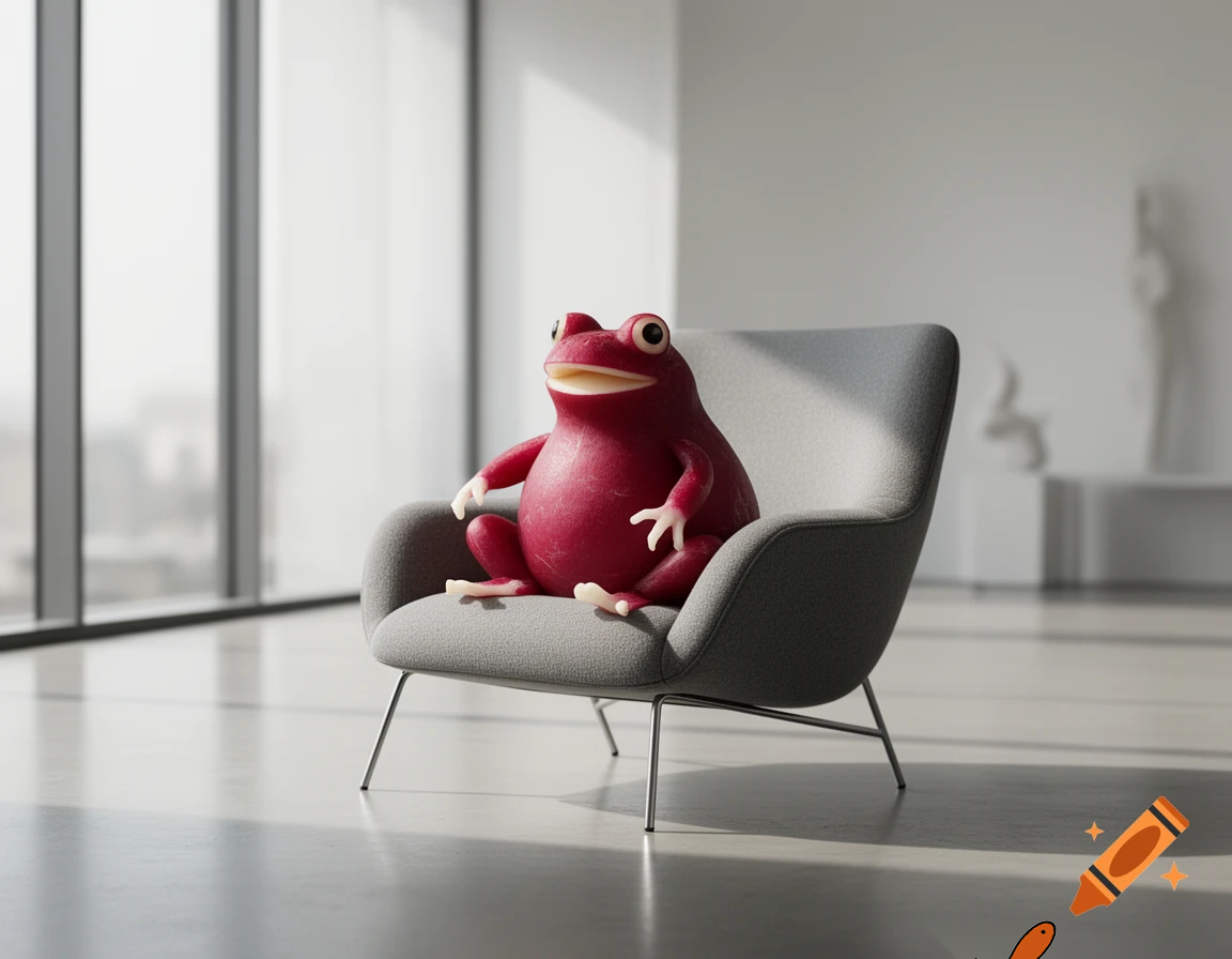 A funny radish vegetable toad sitting in a modern room chair.
