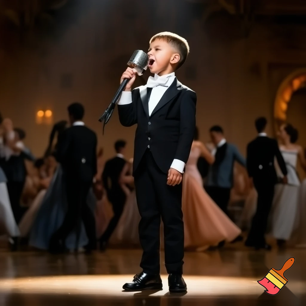 Preteen Boy in Top Hat White Bowtie Black Tailcoat Black Shoes Singing in Microphone on a big Stage. Behind him Ballroom Dance Kid Couples Dancing, the Boys in formal stylish Tailcoats, the Girls in beautiful Ballroom Gowns